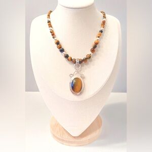 Tiger's Eye Beaded Necklace with Silver Pendant